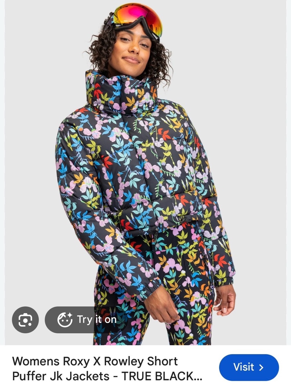 Roxy Black Floral Multicolor Puffer Jacket